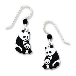 Sienna Sky Opposite Facing Mother & Baby Panda on Silver Hook Earrings 1902 NEW
